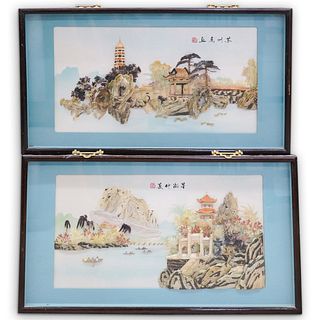 (2 Pc) Chinese Carved Landscape Shadow Box Pair