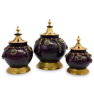 (3 Pc) Exotic Jeweled Indian Canister Set