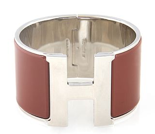 Hermes H Clic Clac Extra Wide Bangle, c. 2017, palladium plated with brown enamel, H.- 1 1/2 in., Dia.- 2 1/2 in.