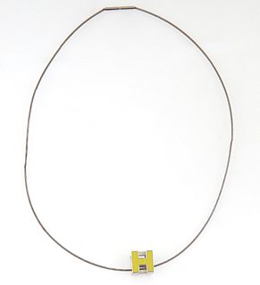 Hermes Cage d'H Lime Green Enamel Pendant Necklace, with a flexible chain and slide lock closure, L.- 16 in.