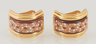 Pair of Hermes Enamel Earrings, in a multi-color checker decoration with clip on backs, H.- 3/4 in., W.- 1/2 in.