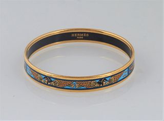 Hermes PM Enamel Bangle, in a blue Egyptian pattern, Made in Austria, Dia.- 2 1/2 in.