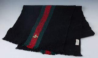 Gucci Black Wool Cashmere Bee Scarf, with green and red web woven detail and a gold embroidered bee on one end, with raw edge trim, L.- 61 in., W.- 13