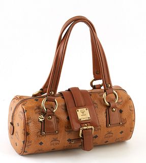 MCM Cognac Visetos Coated Canvas Barrel Bag, with brushed gold hardware, opening to a cognac silk lined interior with a small zip compartment and two 