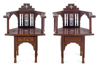 A Pair of Syrian Mother-of-Pearl Inlaid Walnut Armchairs