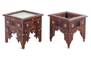 A Near Pair of Syrian Carved and Inlaid Walnut Low Vitrine Tables