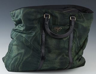 Dark Green Prada Nylon Handbag, with black leather accents and silver hardware, the interior of the bag lined in black nylon canvas with one side zipp
