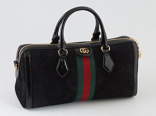 Gucci Ophidia Medium Top Handle Boston Shoulder Bag, c. 2019, in suede and black leather with gold hardware, the interior of the bag lined in peach su