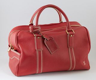 Louis Vuitton Red Leather Tobago Carryall Shoulder Bag, with double red leather handles and golden brass hardware, the interior of the bag lined in a 