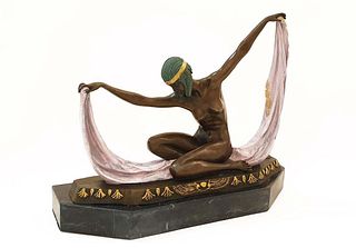 Egyptian Scarf Dancer, Art Deco Bronze Statue, Signed