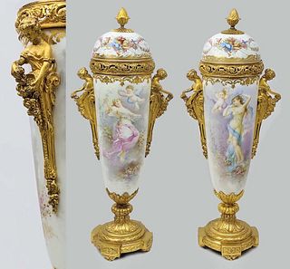 Pair of Sevres Hand Painted Bronze Lidded Vases, 19th C