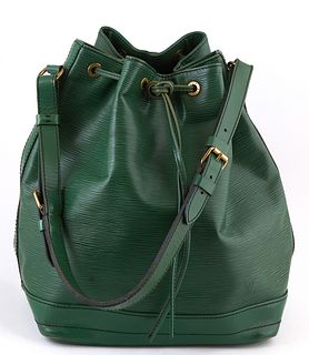 Louis Vuitton Noe Green GM Epi Leather Shoulder Bag, with black stitching and brass hardware, opening to a black suede interior with side zipper compa