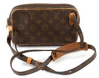 Louis Vuitton Brown Monogram Coated Canvas Marly Bandouliere Shoulder Bag, the adjustable vachetta leather strap with brass accents, opening to brown 