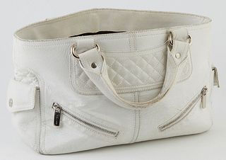 Celine White Grained Leather Boogie Handbag, the exterior with silver hardware, two small zip compartments on each corner, two button clasp pockets on