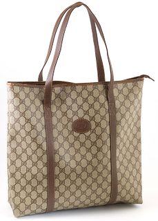 Gucci Beige Supreme Coated Canvas Accessory Collection Large Tote Shoulder Bag, the exterior with dark brown leather straps, the top opening to a ligh