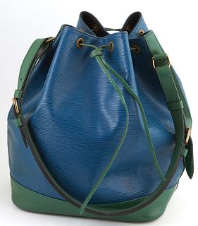 Louis Vuitton Noe Bicolor Blue and Green GM Epi Leather Shoulder Bag, with green and blue stitching and brass hardware, opening to a black suede inter