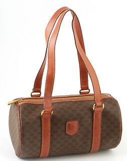 Celine Brown Macadam Coated Canvas Barrel Bag Handbag, the brown vachetta leather straps with golden brass hardware and vachetta leather logo, opening