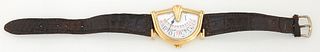Swiss Made Tourneau Asymmetric Sectora "Elevator" Gold Plated Wristwatch, c.1980, quartz movement, with a faux alligator leather band, H.- 1 1/4 in., 