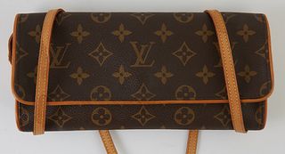 Louis Vuitton Monogram Coated Canvas GM Twin Shoulder Bag, the flap opening to a beige suede interior with one pocket, the vachetta leather strap with