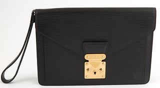 Louis Vuitton Black Epi Leather Pochette Sellier Dragonne Handbag, with golden brass hardware, opening to a black interior with one open pocket and on
