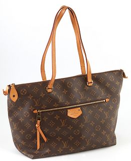 Louis Vuitton Brown Monogram Coated Canvas Iena MM Shoulder Bag, with golden brass hardware and vachetta leather handles, opening to a burgundy canvas