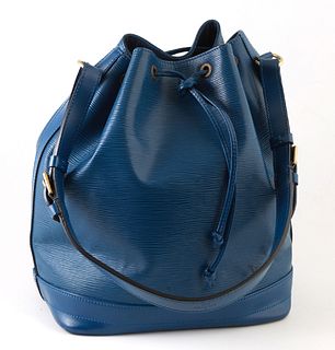 Louis Vuitton Blue Noe GM Epi Leather Shoulder Bag, with blue stitching and brass hardware, opening to a blue suede interior with key ring, the strap 