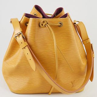 Louis Vuitton Noe Yellow PM Epi Leather Shoulder Bag, with yellow stitching and brass hardware, opening to a purple suede interior with key ring, the 