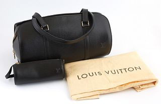 Louis Vuitton Black Epi Leather Soufflot Handbag, with golden brass hardware, opening to a black suede interior with small pocket and key ring, accomp
