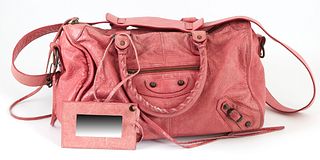 Balenciaga Light Pink Distressed Leather Maxi Twiggy Shoulder Bag, the exterior with aged brass hardware and a front zip compartment with a long leath