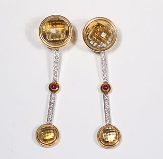 Pair of Citrine, Ruby & Diamond Earrings
