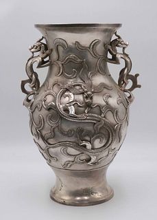 Large Chinese Silvered Bronze Double Handled Vase