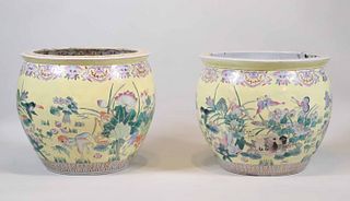 Pair of Chinese Yellow-Glaze Porcelain Fish Bowls