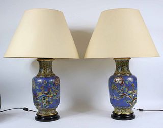 Pair of Chinese Cloisonne Vases, Fitted as Lamps 