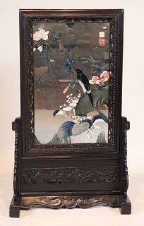 Chinese Carved Hardwood Painted Mirror on Stand