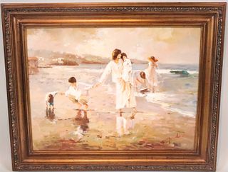 Oil on Canvas, Mother and Children Along Beach