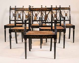 Six Black-Painted Caned Seat Dining Chairs