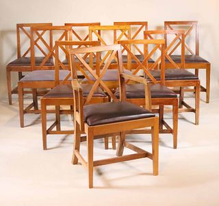 Assembled Set of Ten "X" Back Oak Dining Chairs
