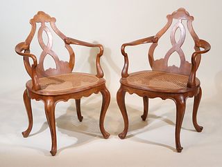 Pair of Neoclassical Walnut Caned Seat Armchairs