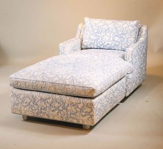Blue & White Upholstered Club Chair and Ottoman