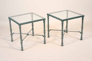 Pair of Green Painted Glass Top Metal Side Tables