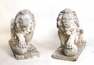 Pair of Cast Concrete Standing Lion Figures