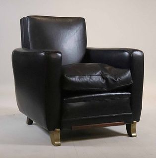 Modern Brass-Mounted Black Leather Club Chair