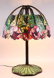 Stained Glass "Red Lotus" Style Lamp, after Tiffany