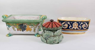 Two Majolica Planters and Cabbage Jar 