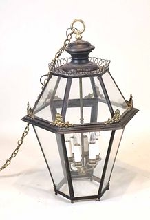 Black Painted Tole and Brass Hall Lantern