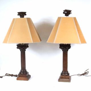 Pair of Carved Oak Columnar-Form Table Lamps