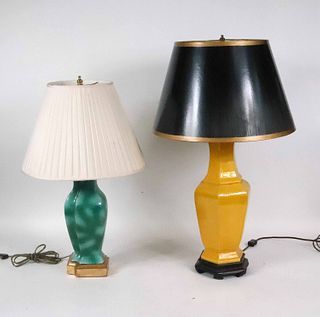 Two Green and Yellow Glazed Porcelain Table Lamps