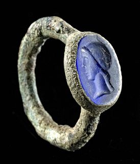 Roman Lead Copper Alloy Ring w/ Blue Glass Intaglio