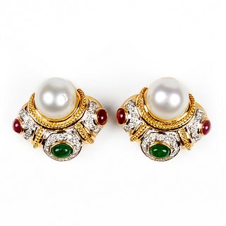 18K Gold Clip Back Earrings - Diamond Pearl Emerald Ruby