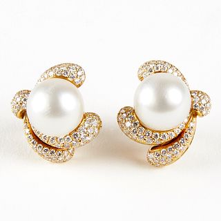 18K Gold Diamond Pearl Clip Back Earrings